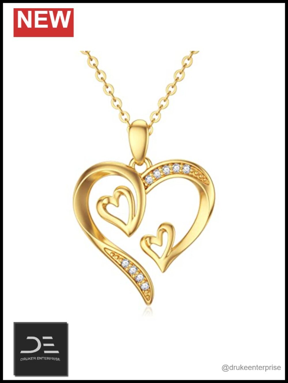 14K Real Gold Moissanite Triple Hearts Pendant Necklace Women 18 Inch